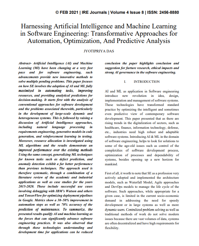 Article: Harnessing Artificial Intelligence and Machine Learning in Software Engineering: Transformative Approaches for Automation, Optimization, And Predictive Analysis